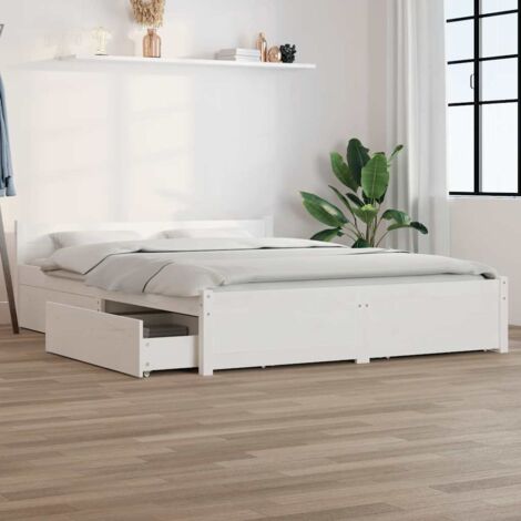 Cadre de Lit 140x200 avec 4 Tiroirs Rangement, Bois de Pin Massif Blanc, Sans Matelas (1/4)