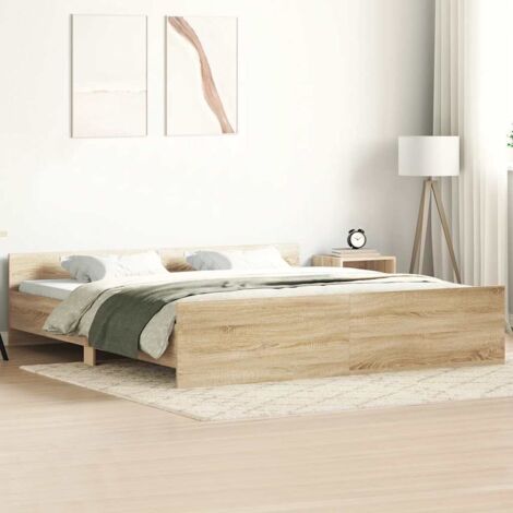 Cadre de Lit 160x200 cm, Structure Bois d'Ingénierie et Pin, Lattes Contreplaqué, Teinté Chêne Sonoma, Sans Matelas, Assemblage Requis (1/4)