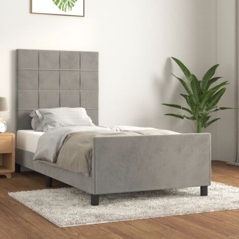 Cadre de lit velours gris clair 90x200 cm, avec tête de lit réglable, lattes de contreplaqué et pieds robustes (1/4)