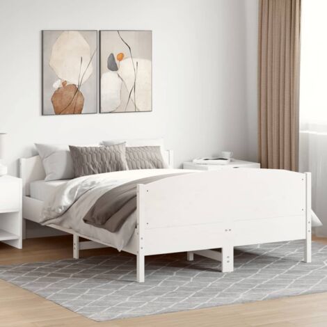 Cadre de lit 140x200 cm en bois de pin massif blanc avec têtes de lit fonctionnelles et lattes de contreplaqué - Assemblage requis (1/4)