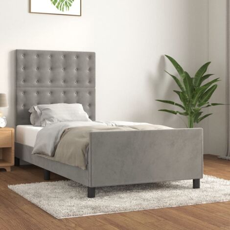 Cadre de Lit 90x200 cm avec Tête de Lit Velours Gris Clair - 100% Polyester, Bois Mélèze, Mousse, Livré avec Pieds de Lit et Lattes Contreplaqué (1/4)