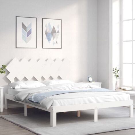 Cadre de lit blanc 140x190 cm en bois de pin massif avec lattes contreplaqué et tête de lit. Livré sans matelas (1/4)