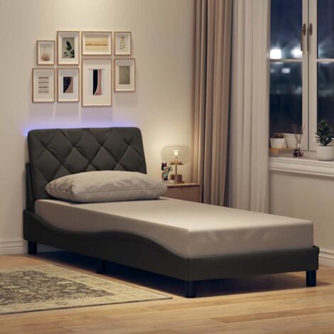 Cadre de lit LED 90x200 cm sans matelas tissu gris foncé avec bande lumière ambiance USB et tête de lit polyester (1/4)