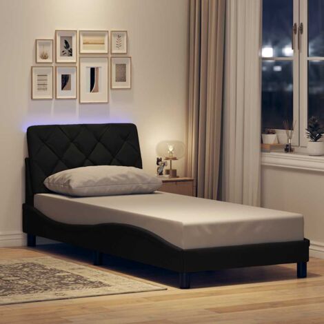 Cadre de Lit LED Noir 90x200 avec Tête de Lit en Tissu Polyester (1/4)