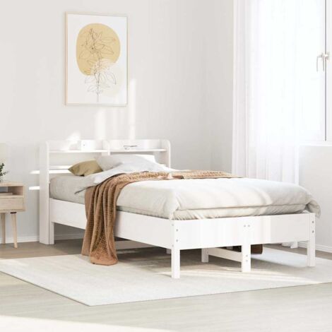 Cadre de Lit en Pin Massif Blanc 75x190 cm avec Sommier à Lattes et Tête de Lit 3 Étagères de Rangement - Sans Matelas (1/4)