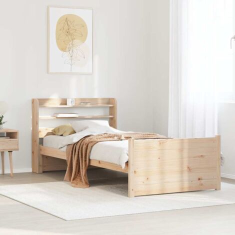 Cadre de lit 75x190 cm en bois de pin massif avec tête de lit et pied de lit, étagères de rangement intégrées, stable et robuste (1/4)