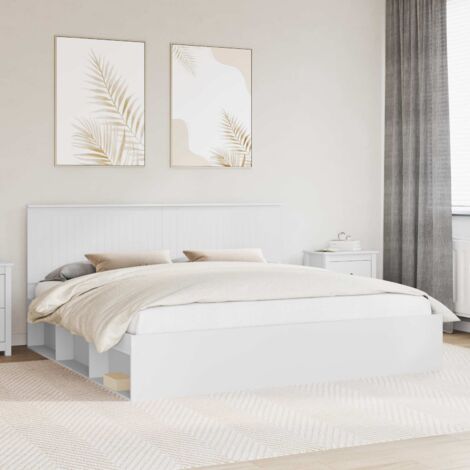 Cadre de lit moderne Blanc avec tête de lit en pin massif, bois d'ingénierie, 200 x 200 cm empereur, design minimaliste (1/4)