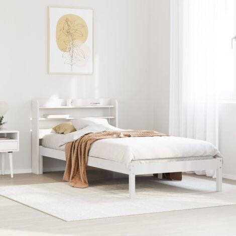 Cadre de Lit en Pin Massif Blanc - 90x200 cm avec Espace de Rangement et Tête de Lit Libre - Lit Moderne (1/4)