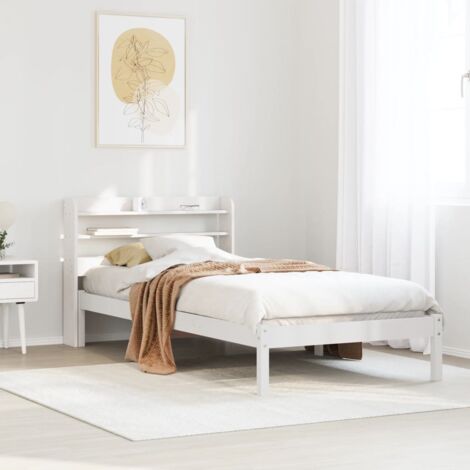 Cadre de lit 100x200 cm blanc bois pin massif avec étagères et tête de lit sur pieds sans matelas. (1/4)