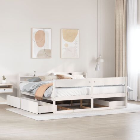 Cadre de lit blanc 180x200 cm bois pin massif avec 4 tiroirs et tête de lit étagères (1/4)