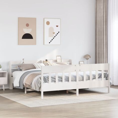 Cadre de lit avec tête de lit blanc 180x200 cm pin massif et étagères de rangement (1/4)