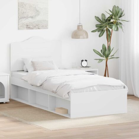 Cadre de lit simple avec tête de lit en pin massif blanc 90x190 cm - bois d'ingénierie durable pour chambre adulte (1/4)