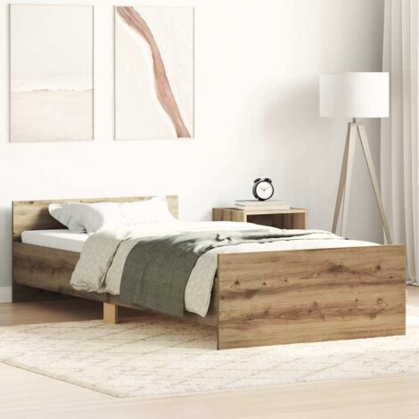 Cadre de lit king size artisanal en bois d'ingénierie chêne 100x200 cm avec lattes de contreplaqué (1/4)