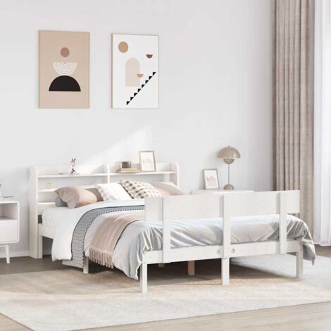 Cadre de Lit Blanc en Bois de Pin Massif 120x200 cm avec Tête de Lit sur Pied et Étagères de Rangement - Assemblage Requis (1/4)
