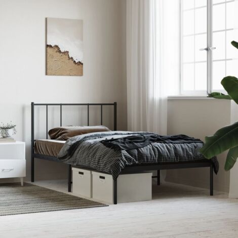 Cadre de lit métal avec tête de lit noir 90x200 cm sans matelas - Acier robuste, pieds centraux, espace rangement sous le lit (1/4)