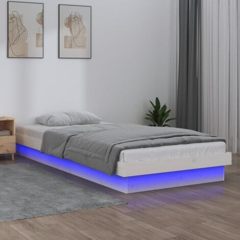 Cadre de lit simple 90x190cm bois de pin massif blanc LED avec télécommande (matelas non inclus) - Cadre lit pour chambre à coucher (1/4)