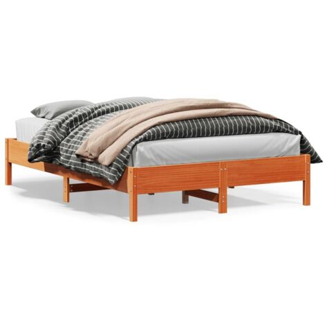 Cadre de lit en pin massif marron 160x200cm sans matelas avec lattes en contreplaqué et pieds robustes (1/4)