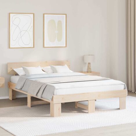 Cadre de Lit 140x200 cm avec Tête de Lit en Pin Massif Naturel - Structure Durable et Design Moderne (1/4)