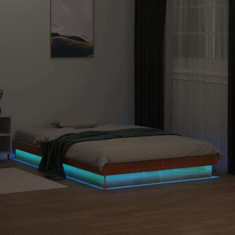 Cadre de lit bois de pin avec lumières LED RGB, dimensions 140x200 cm, sans matelas, couleur cire marron, montage requis (1/4)