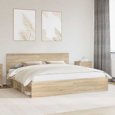 Cadre de Lit avec Tête de Lit Sonoma en Pin Massif 200x200cm, Lit Empereur 2 Personnes, Cadre Bois d'Ingénierie avec Lattes Fixes (1/4)