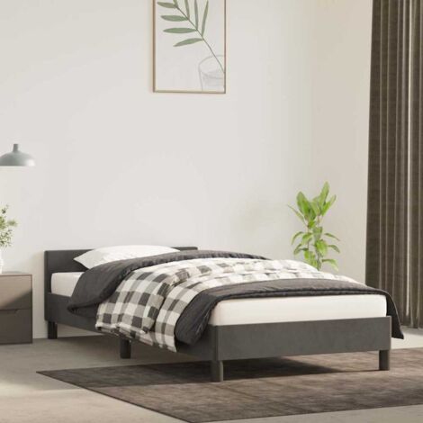 Cadre de Lit 90x200 cm en Velours Gris Foncé avec Tête de Lit - Lit avec Structure Contreplaqué et Support Stable (1/4)