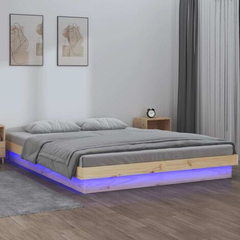 Cadre de Lit LED avec Éclairage Chromatique - Bois Massif Pin 150x200cm sans Matelas - Contreplaqué Lattes Télécommande USB Assemblé 204x153.5x21cm (1/4)