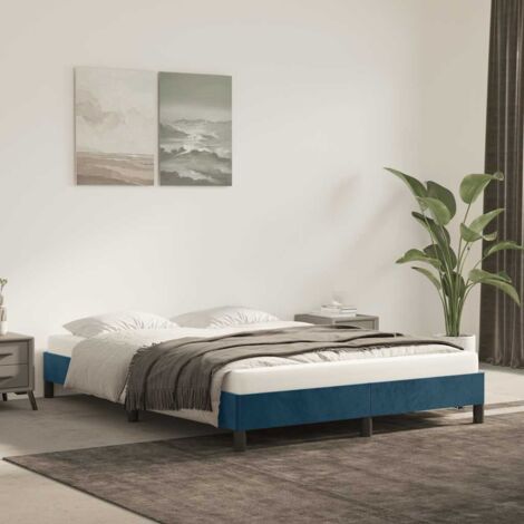 Cadre de lit 140x200 cm avec sommier en velours bleu foncé - Support bois et contreplaqué (1/4)