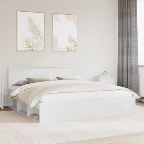 Cadre de Lit Blanc 200x200 cm avec Tête en Pin Massif - Lit Roi Moderne et Stable, Livré avec Cadre à Lattes Fixes (1/4)
