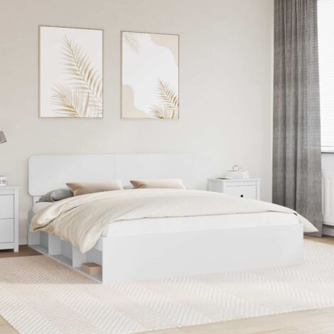 Cadre de lit Blanc en Pin massif avec tête de lit, 200x200 cm, robuste, facile à monter (1/4)