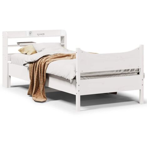 Cadre de Lit avec Tête de Lit pour Matelas 75x190cm Blanc, Pin Massif avec Étagères de Rangement (1/4)