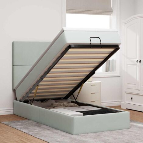 Cadre de lit ottoman avec matelas gris clair 90x200 cm, velours polyester, hydraulique, rangement, surmatelas et bande LED. (1/4)