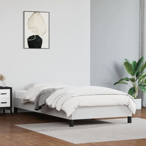 Cadre de lit en similicuir blanc, support matelas 90x190cm, avec pieds stables et lattes de contreplaqué pour distribution du poids, durable et facile à nettoyer (1/4)