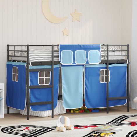 Cadre de Lit Mezzanine Noir Bleu Rideaux Enfant Lit Metal sans Assembl (1/4)