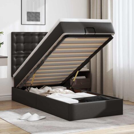 Cadre de lit ottoman 90x200 cm noir similicuir avec mécanisme hydraulique, matelas à ressorts ensachés et surmatelas (1/4)