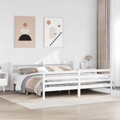 Cadre de lit pin massif 200x200 cm avec tête de lit à étagères blanc (1/4)