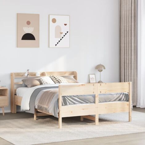 Cadre de lit bois de pin massif sans matelas, dimensions 120x200 cm, avec tête de lit 3 étagères et sommier lattes (1/4)