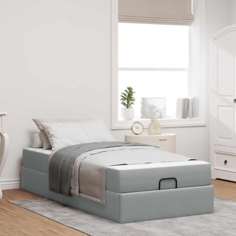 Cadre de lit avec matelas et tiroirs, Gris clair Tissu, Contreplaqué, 203x90x43.5 cm, Mousse haute densité, 2 pièces, Modèle moderne minimaliste (1/4)