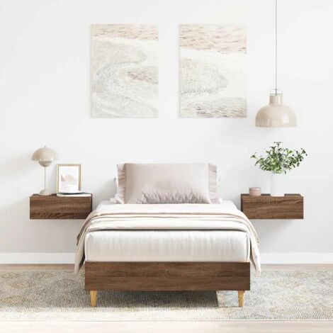 Cadre de lit bois d'eucalyptus 100x200 cm chêne marron avec sommier à lattes (1/4)