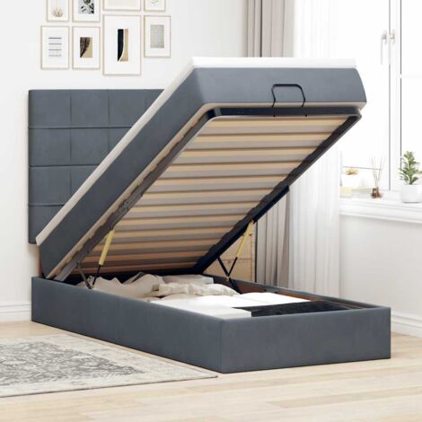 Cadre de lit ottoman avec matelas à ressorts ensachés 90x190 cm gris foncé velours - Système de rangement hydraulique et surmatelas inclus (1/4)