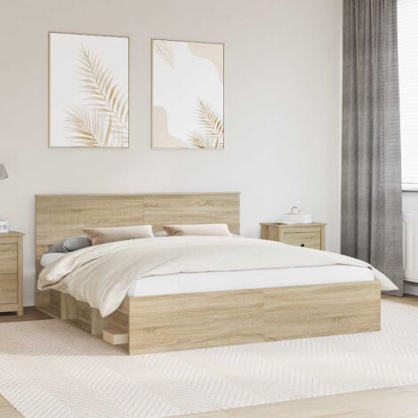 Cadre de Lit 180x200 cm en Pin Massif et Bois d'Ingénierie avec Tête de Lit Sonoma - Stable et Durable pour Chambre Moderne (1/4)