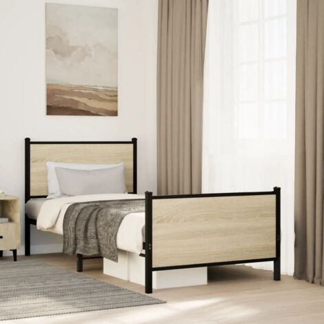 Cadre de Lit Métal Sonoma Sans Matelas, Chêne, Modèle BSL-SO-90, Dimensions 207x95x91.5 cm avec Espace de Rangement et Pieds Centraux, Lattes Métal Support (1/4)