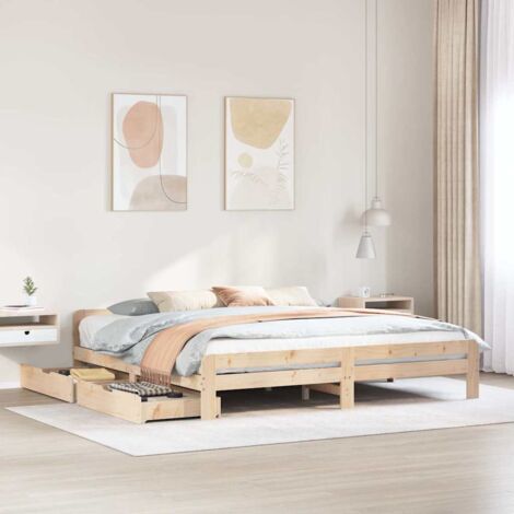 Cadre de Lit 200x200 cm Pin Massif avec Tiroirs et Sommier Lattes (1/4)