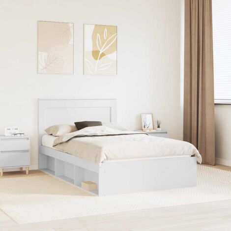 Cadre de Lit Blanc 120x200 cm Pin Massif avec Tête de Lit et Support Lattes Fixe (1/4)