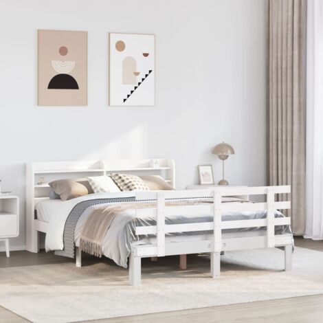 Cadre de lit avec tête de lit en pin massif blanc - Deux étagères de rangement, Dimensions: 135x190 cm, Matelas non inclus, Assemblage requis (1/4)
