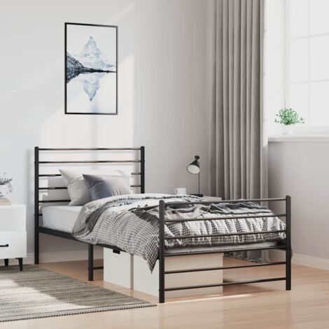 Cadre de Lit métallique Classic Noir 100x190cm avec Support de Tête de Lit et Pieds Centraux, Lattes en Métal, Épaisseur 90cm et Espace de Rangement sous Lit de 26cm - Assortiment Matelas non Inclus (1/4)