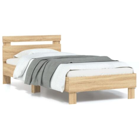 Cadre de Lit LED RGB 90x190cm Sonoma - Tête de Lit Ergonomique en Bois d'Ingénierie avec Lattes Contreplaqué (1/4)