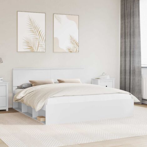 Cadre de lit 200 x 200 cm Blanc en Bois d'ingénierie avec tête de lit et support pour matelas (1/4)