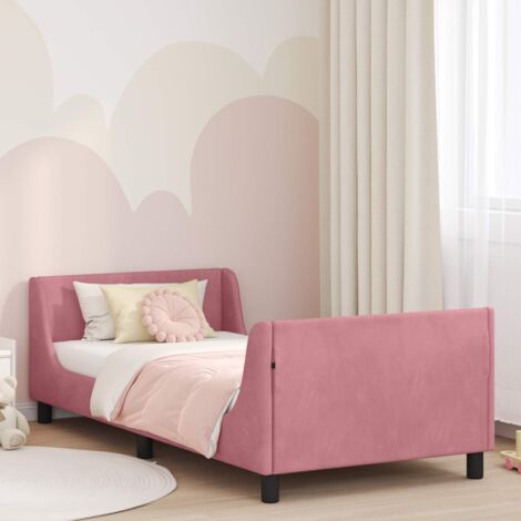 Cadre de Lit en Velours Rose pour Junior 90x200 cm avec Tête de Lit à Poches de Rangement, Bois d'Ingénierie, Base à Lattes Fixe, Confort Moderne et Design Épuré (1/4)