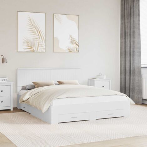 Cadre de lit avec tiroir Blanc 160x200 cm Bois d'ingénierie Lit king 210 cm x 163 cm x 90 cm Latte Tête intégrée Mobilier chambre Polyvalent (1/4)
