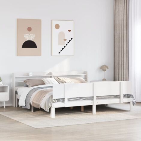 Cadre de lit 200x200 cm en pin massif avec tête de lit sur pied et étagères de rangement blanc (1/4)